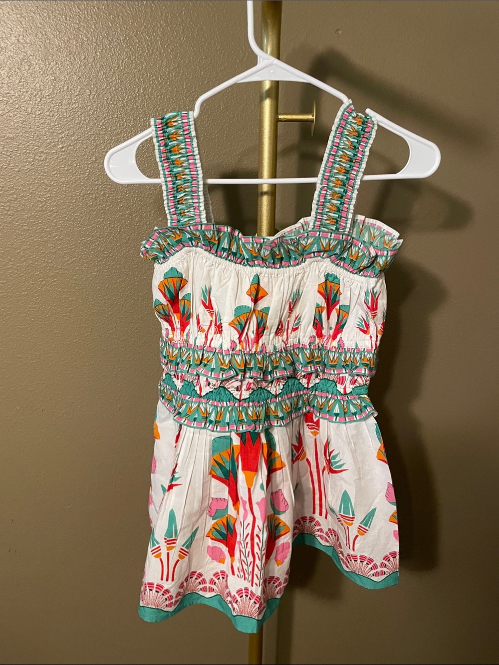 POL White Smocked Dress with Pink, Teal & Orange Floral Print